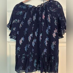 Rebecca Taylor - Navy Metallic Star Printed Top W/ Peplum Sz XL